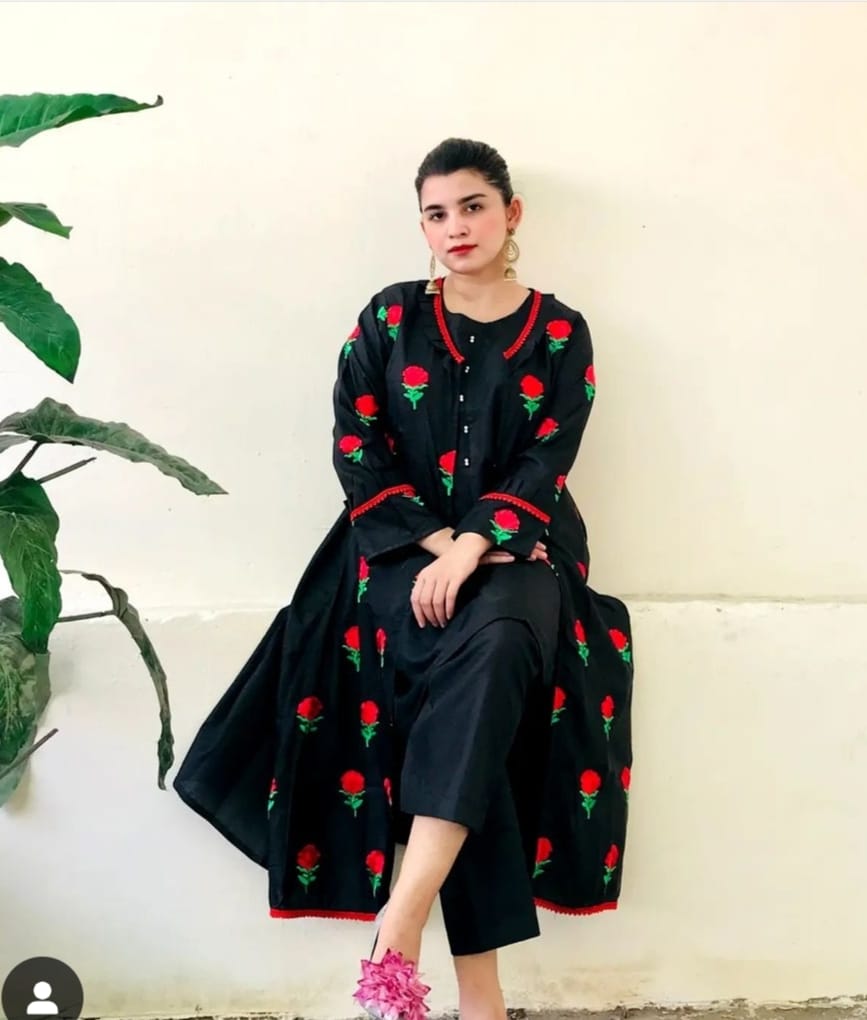 50%Off Trendy Katan Silk Embroided flower gaown dress  (inner +gaown+ trouser)