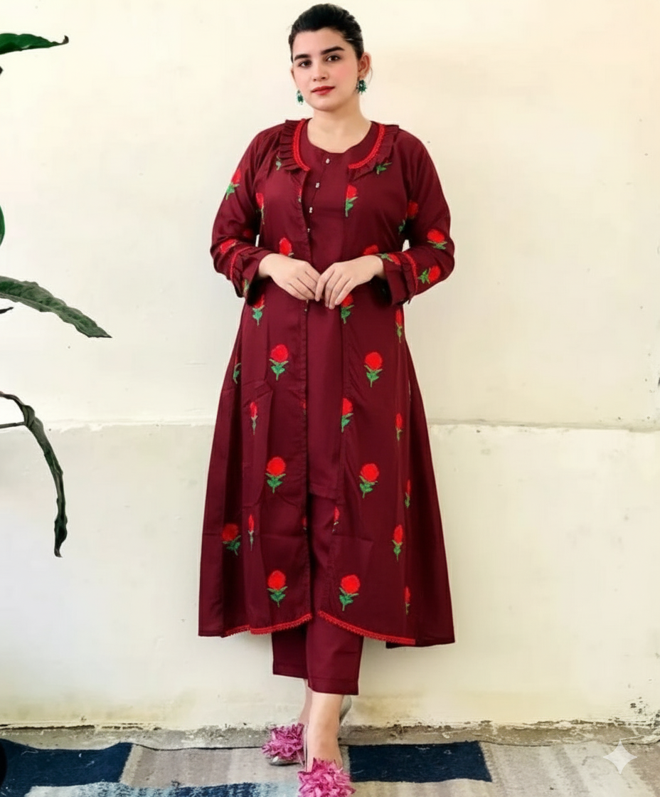 50%Off Trendy Katan Silk Embroided flower gaown dress  (inner +gaown+ trouser)