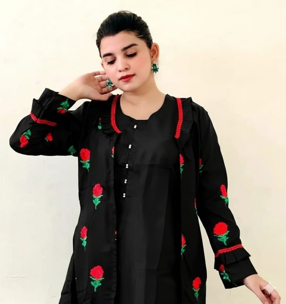 50%Off Trendy Katan Silk Embroided flower gaown dress  (inner +gaown+ trouser)