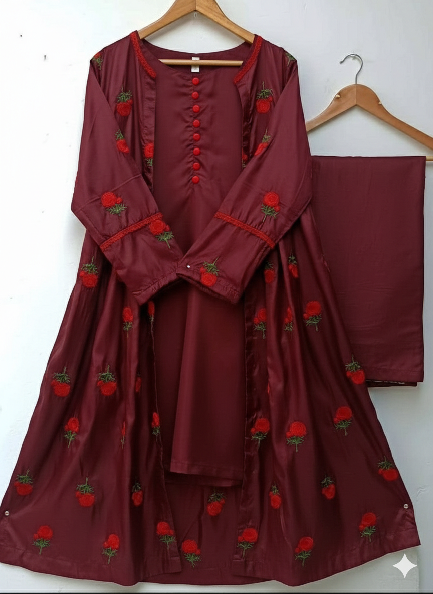 50%Off Trendy Katan Silk Embroided flower gaown dress  (inner +gaown+ trouser)