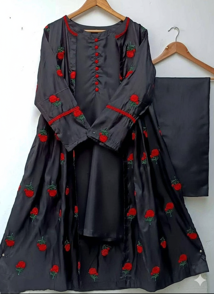 50%Off Trendy Katan Silk Embroided flower gaown dress  (inner +gaown+ trouser)