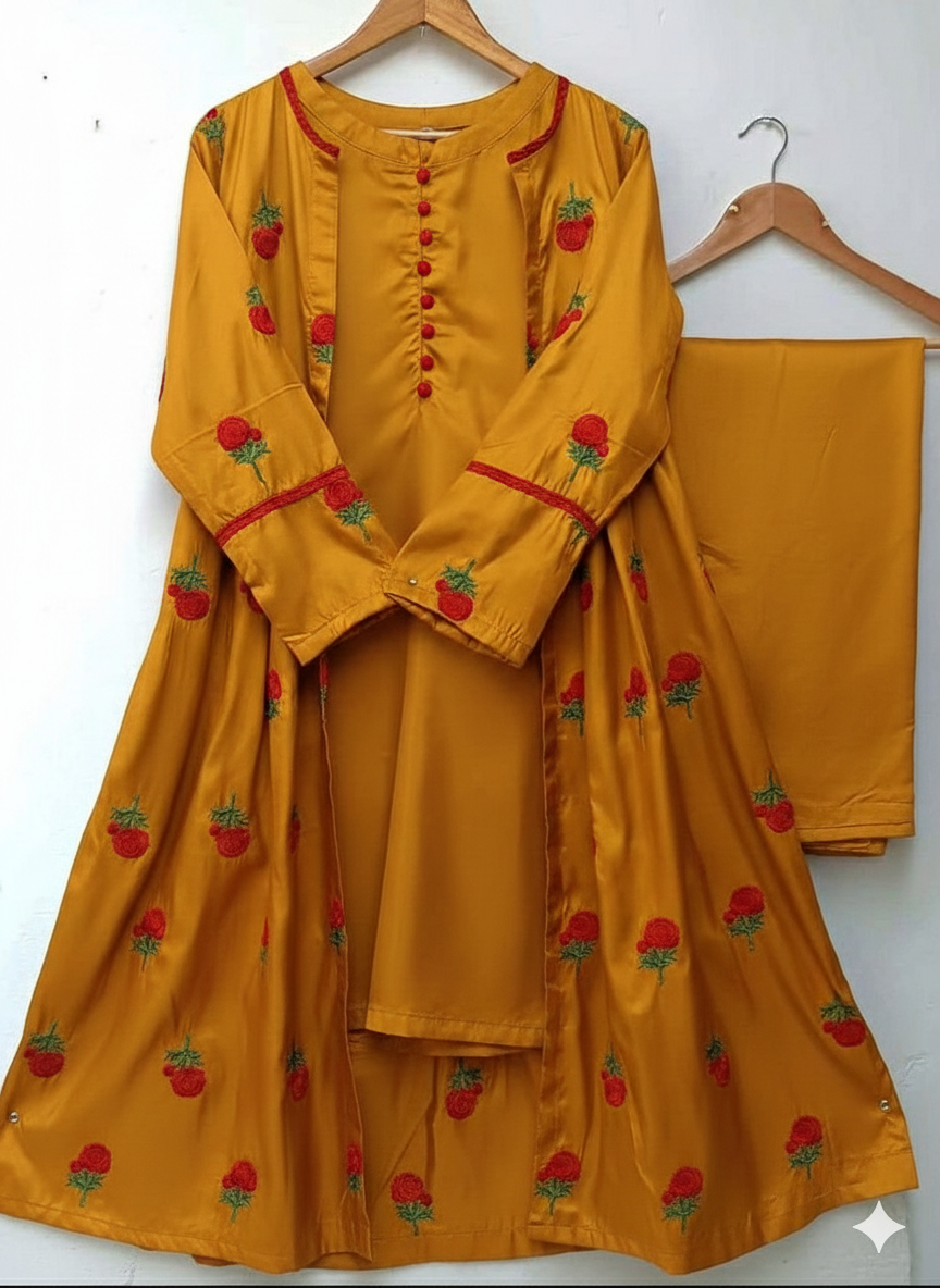 50%Off Trendy Katan Silk Embroided flower gaown dress  (inner +gaown+ trouser)