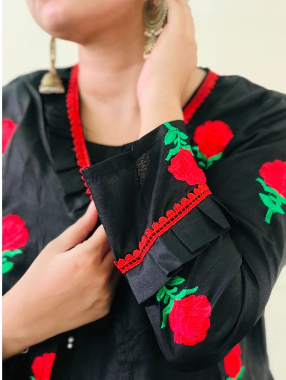 50%Off Trendy Katan Silk Embroided flower gaown dress  (inner +gaown+ trouser)