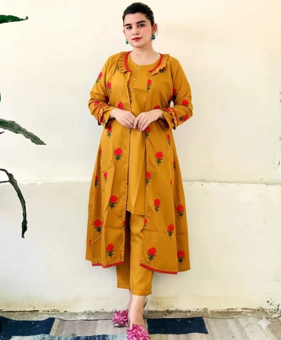 50%Off Trendy Katan Silk Embroided flower gaown dress  (inner +gaown+ trouser)