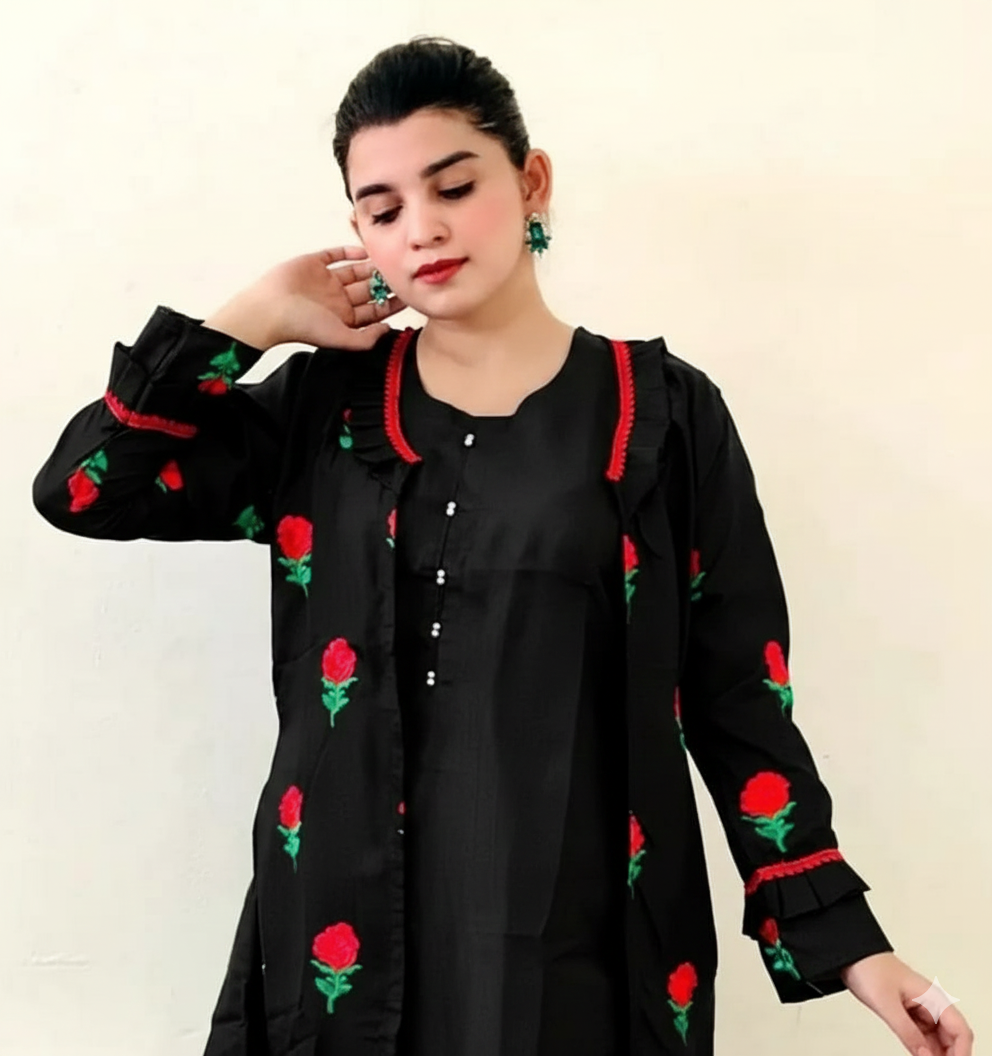 50%Off Trendy Katan Silk Embroided flower gaown dress  (inner +gaown+ trouser)