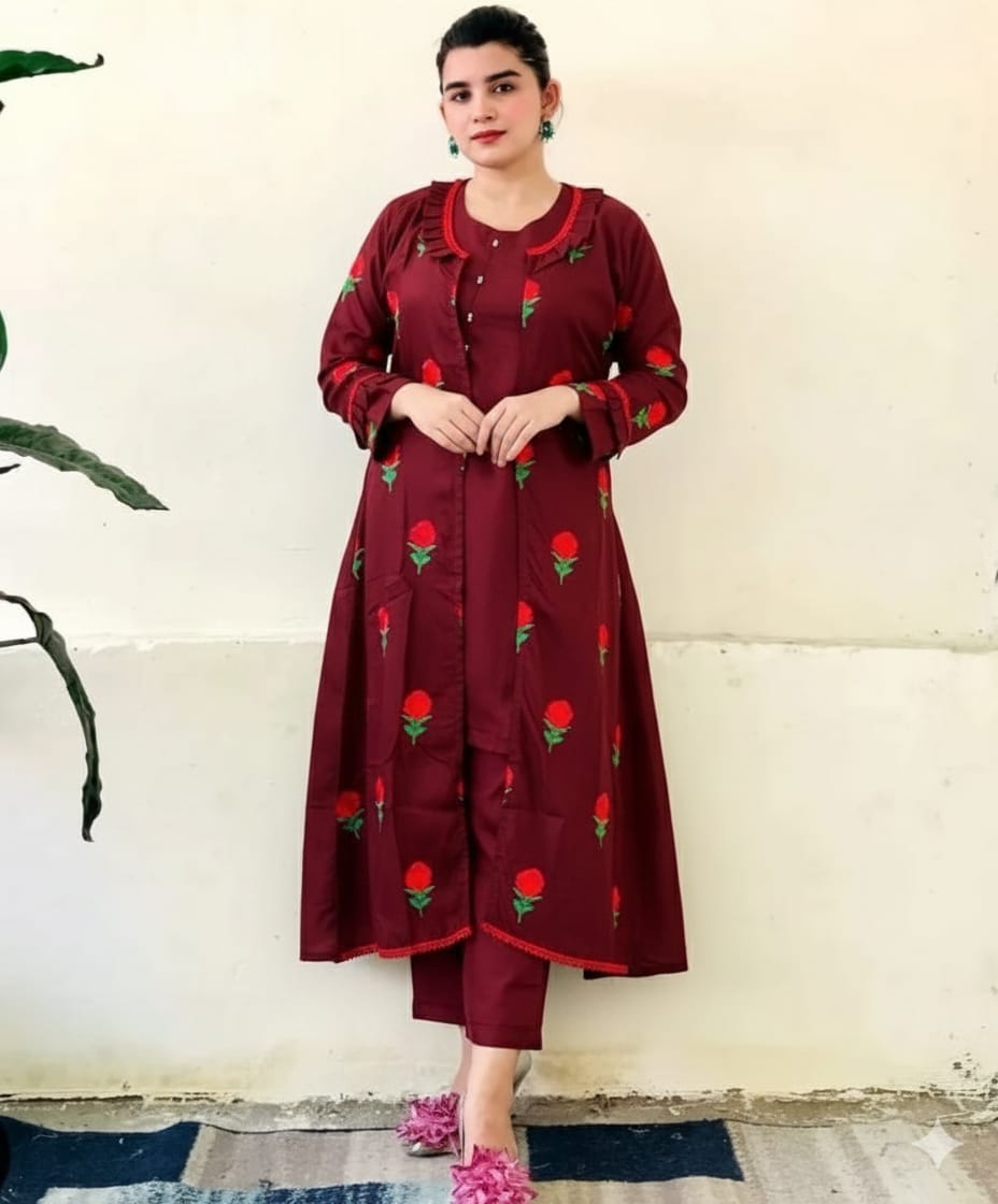 50%Off Trendy Katan Silk Embroided flower gaown dress  (inner +gaown+ trouser)