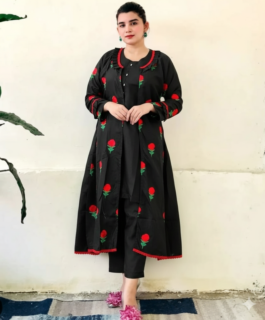 50%Off Trendy Katan Silk Embroided flower gaown dress  (inner +gaown+ trouser)